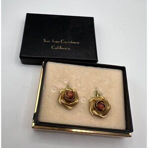 Vintage 1970s Gold Rose Stud W Glitter Brown Stone‎ Clip On Earrings MCM Jewelry